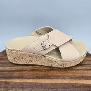 Abeo Sandals Womens 9 M Beige Leather Solstice Comfort Wedge Cross Strap Slide